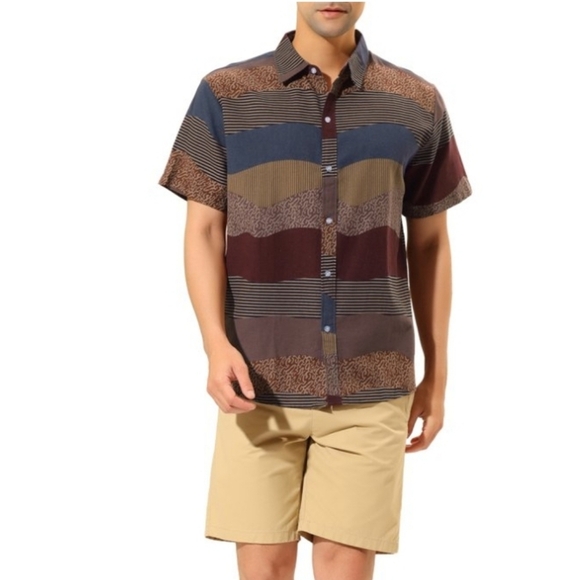 NWOT striped linen looking collared button down short sleeve shirt Size Large - Picture 1 of 6